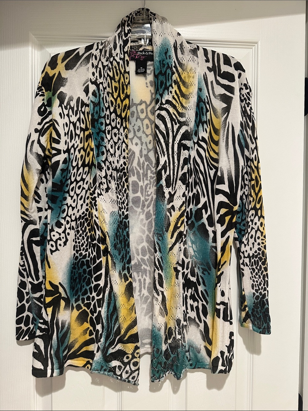 Peck & Peck Black White Teal Yellow Animal-Print Open Cardigan